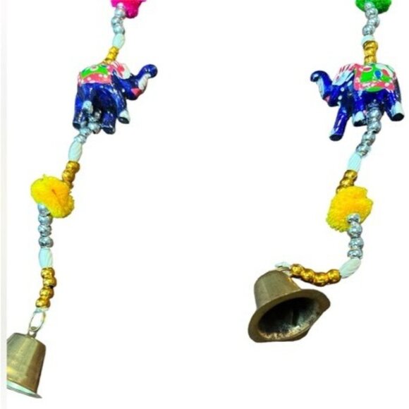 Handmade Colorful Elephant Beaded Hanging With Bells - 44" Long - Picture 2 of 4